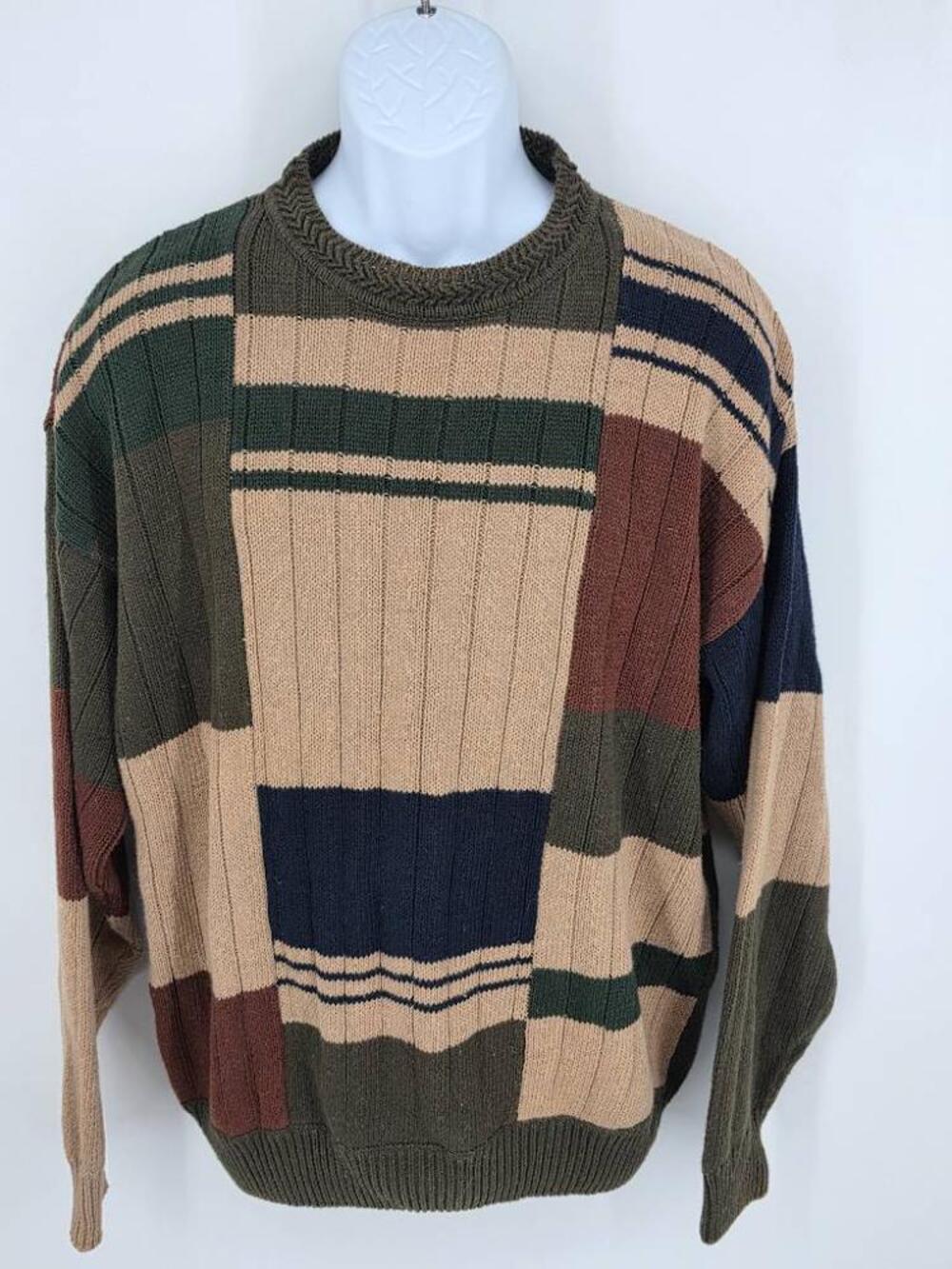 Vintage Stone Haven Mens XL Colorblock Striped Sweater Ramie Cotton 90s Coogi